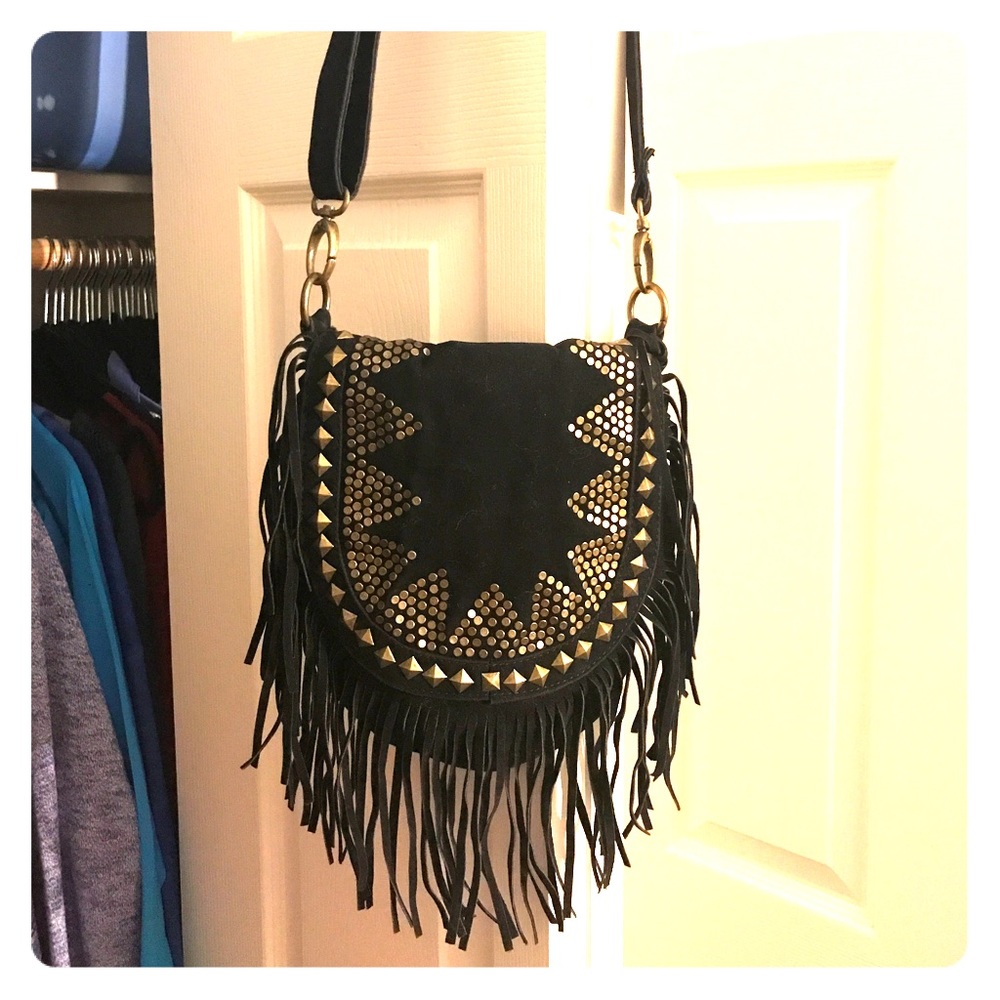 Black suede fringe cross body bag!